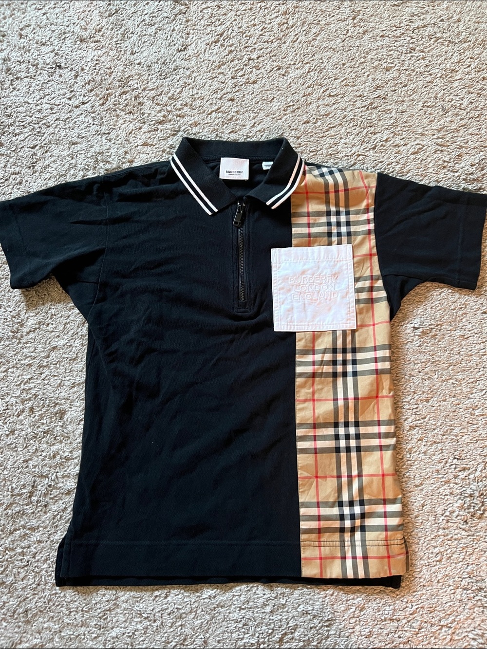 Burberry Black Polo with Beige Check Panel and White Patch 2021/2022